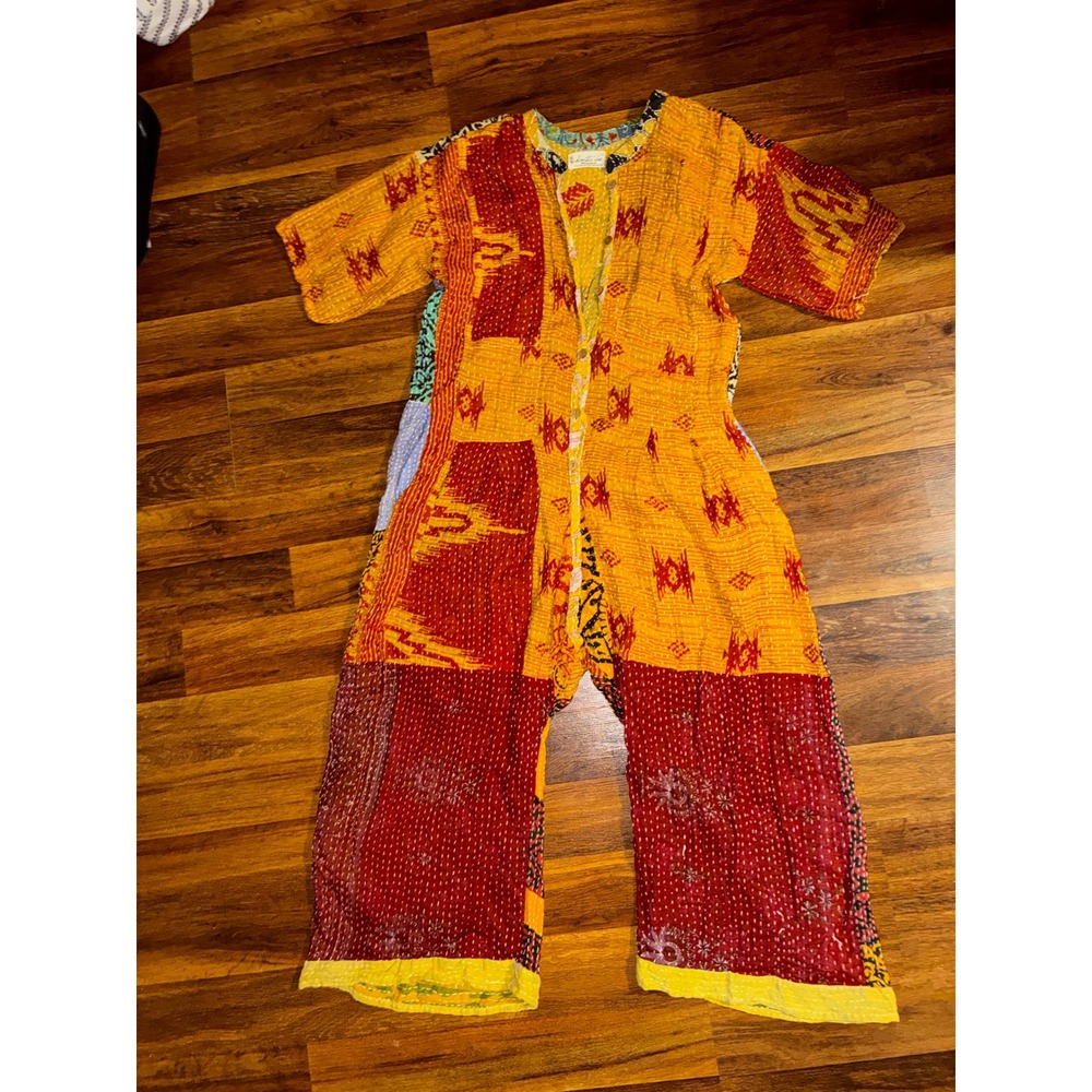 Boho Kantha Quilt Patchwork Jumpsuit Orange Red Embroidered Wide Leg Romper